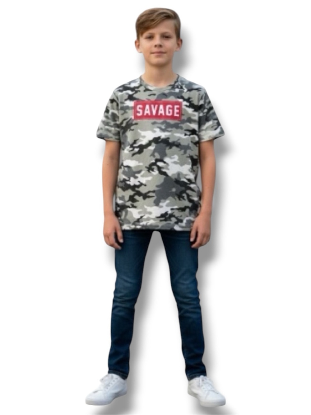 BERZY Tee Shirt Tan/Black Camouflage SAVAGE size Boy’s 8 EUC Gamer Marvel DC 🍭